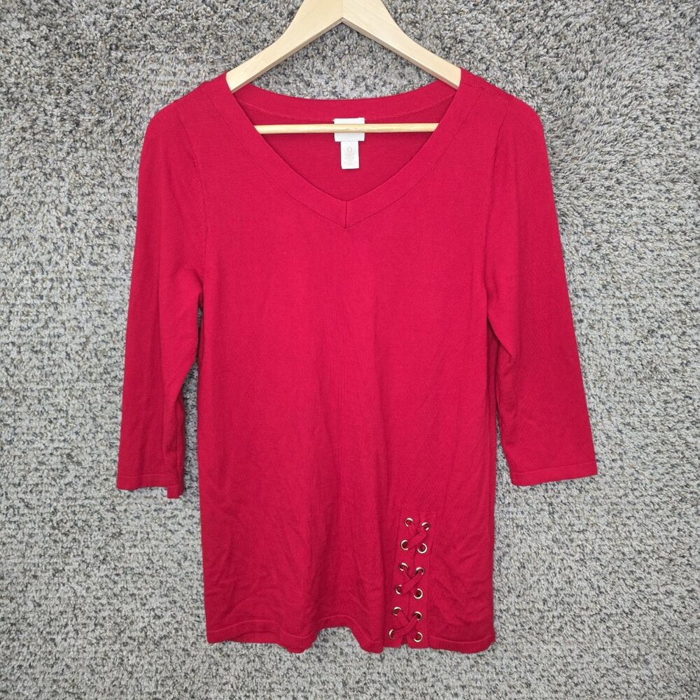 Chicos Top Womens 0 US Small Red Knit V Neck Tunic 3/4 Sleeve Casual Ladies‎